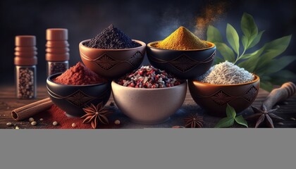 Different seasonings and spices in bowls, generative ai