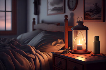 Lamp on a wooden nightstand next to the bed. AI Generated.