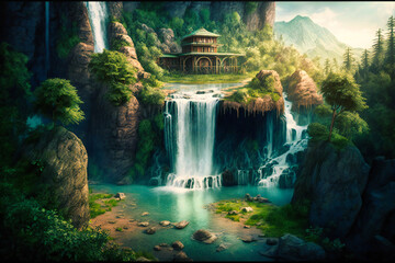 Fototapeta na wymiar Serene and majestic waterfalls, surrounded by lush forests and natural beauty