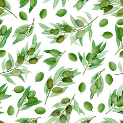 Seamless floral pattern-228, hand drawn. Olive tree branches, watercolour illustration.
