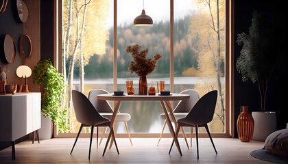 Illustration of a warm cozy modern minimalist dining room home interior with big windows on the side. 