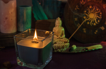 Candles burns on the altar, esoteric illustration, clean negative energy, astrology scene