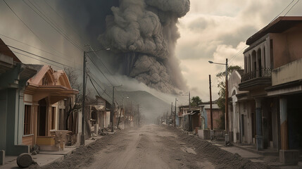 View of erupting volcano from ash-covered street