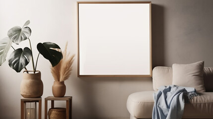 Mockup of a blank picture frame on a modern interior wall. Interior design mock-up template for artwork. A view of a contemporary Scandinavian room featuring a plant in a stylish vase - Generative AI