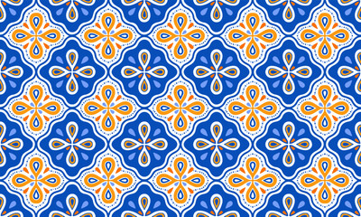 Ethnic Abstract Background cute orange blue Flower geometric tribal ikat folk Motif Arabic oriental native pattern traditional design carpet wallpaper clothing fabric wrapping print batik folk vector