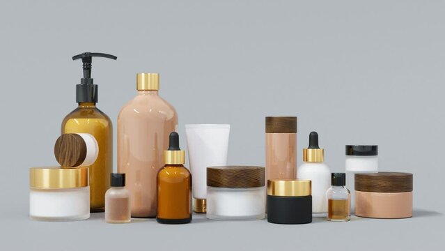 Group of different beige and brown glass and plastic cosmetic bottles and jars 3D render