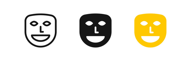 Theater mask icon. Drama face symbol. Theatre signs. Comedy actor symbols. Happy emotion icons. Black and yellow color. Vector sign.