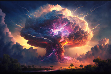 Majestic and powerful summer thunderheads, filling the sky with lightning and thunder