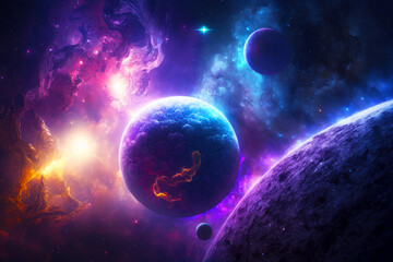 Image of space scene with planets in the foreground and stars in the background. Generative AI.