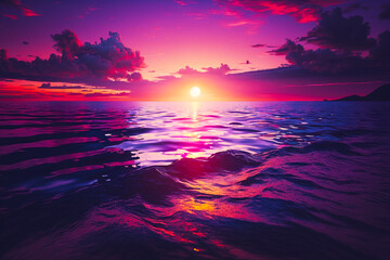 Fototapeta na wymiar The sun is setting over the ocean with purple and pink sky over the water. Generative AI.