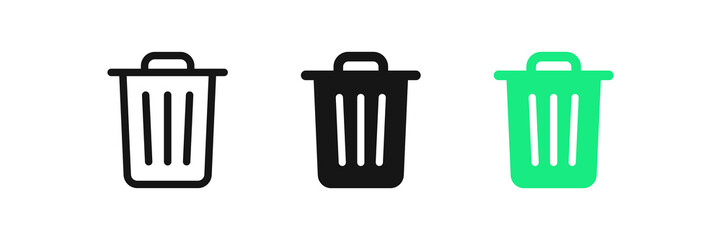 Trash bin icon. Garbage symbol. Delete signs. Rubbish symbols. Wastebasket icons. Black and green color. Vector sign.