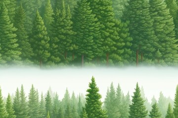 Seamless pattern with green spruce trees in a foggy forest.