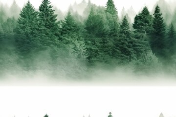 Seamless pattern with green spruce trees in a foggy forest.