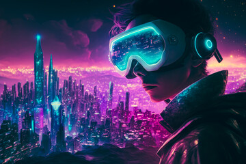 Fototapeta na wymiar Man in futuristic city wearing pair of headphones and pair of goggles. Generative AI.