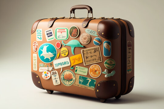 Piece of brown luggage with stickers and tags on the side of the suitcase. Generative AI.