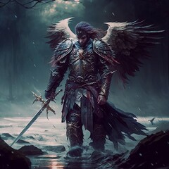 portrait of a person with angel wings holding a sword in the river