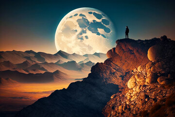 Man standing on top of mountain with full moon in the sky behind him. Generative AI.