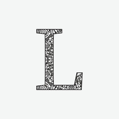 Letter L. Dudling drawing, mandala. Alphabet in the style of dudling, letters of the alphabet.