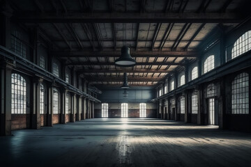 Empty warehouse with lots of windows and light hanging from the ceiling in the middle of the room. Generative AI.