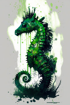 Watercolor image of green seahorse on white background with splatters. Generative AI.