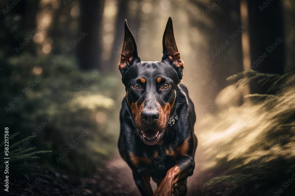 Wall mural Black and brown dog running on trail in the woods with trees in the background. Generative AI.