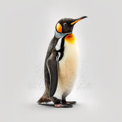 Penguin standing on its hind legs in front of white background with yellow and black beak. Generative AI.