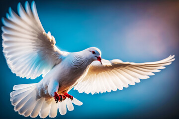White bird flying through the air with it's wings spread wide and spread wide. Generative AI.