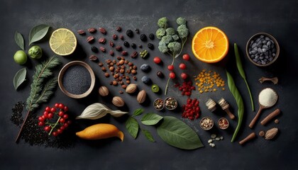 Selection of healthy food on rustic wooden background, generative ai