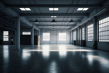 Large empty room with windows and lights on the sides of the room and door leading to another room. Generative AI.