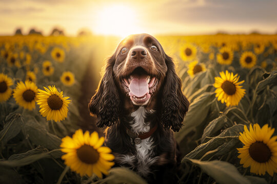 Brown and white dog sitting in field of sunflowers with his mouth open. Generative AI.