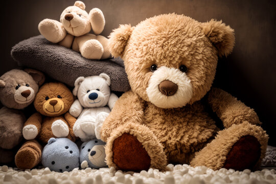 Group of teddy bears sitting on top of bed next to each other on blanket. Generative AI.