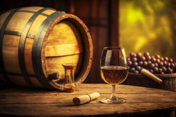 Glass of wine sitting on top of table next to barrel of wine. Generative AI.