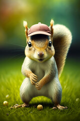 Picture of squirrel with hat on it's head standing in the grass. Generative AI.