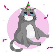 Funny gray cat. Cartoon illustration of sad fat cat. Cat's birthday. Birthday card design with gray cat