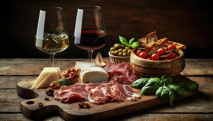 Italian antipasti wine snacks and cheese variety, generative ai