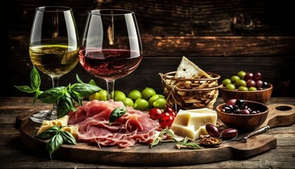 Italian antipasti wine snacks and cheese variety, generative ai