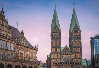 Bremen Cathedral and Old Town Hall at sunset - Bremen, Germany - obrazy, fototapety, plakaty