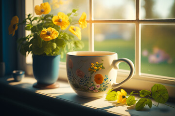 Obraz na płótnie Canvas Cup of coffee sits on window sill next to some yellow flowers. Generative AI.