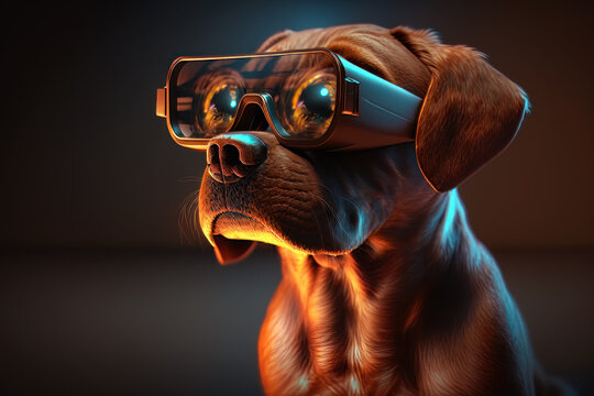 Image of dog wearing 3d glasses. Generative AI.