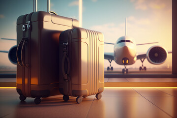 Two suitcases sitting in front of an airplane. Generative AI.