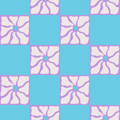 Groovy abstract flower. Retro blue checkered background with daisies. Modern naive groovy funky interior decorations.