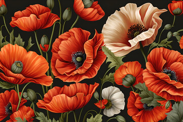 Beautiful bright background with red poppies on a black background. Background with flowers, made by AI