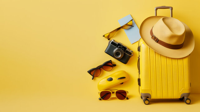 Yellow suitcase with sunglasses, hat and camera on yellow background. Generative AI.