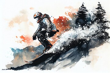 Watercolor Illustration of a Snowboarder On The Slope. Generative AI