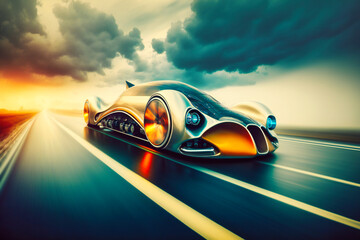 Obraz na płótnie Canvas A futuristic car speeds down a highway with innovative technology