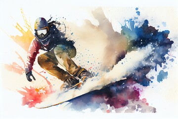Fototapeta na wymiar Watercolor Illustration of a Snowboarder On The Slope. Generative AI