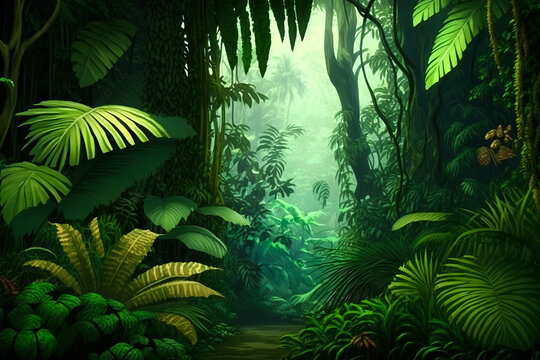 An image of jungle scene with lots of green plants. Generative AI.