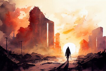 Watercolor Illustration of a Post Apocalypse In Destroyed City, Apocalyptic View Of After World War. Generative AI