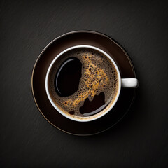 Top view of cup of coffee on black background. Generative AI.
