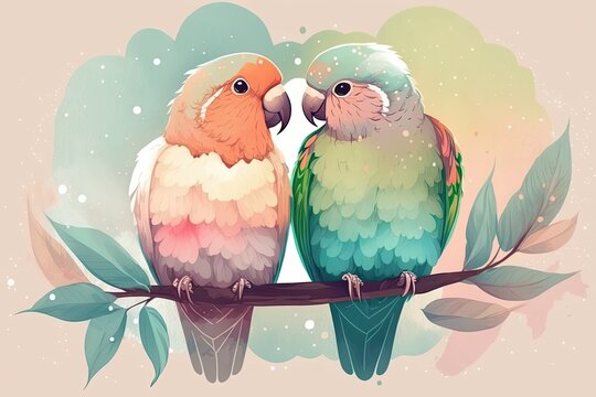 A Romantic Valentine Gift Idea: A Couple of Cute Lovebirds in Pastel Colours: Generative AI